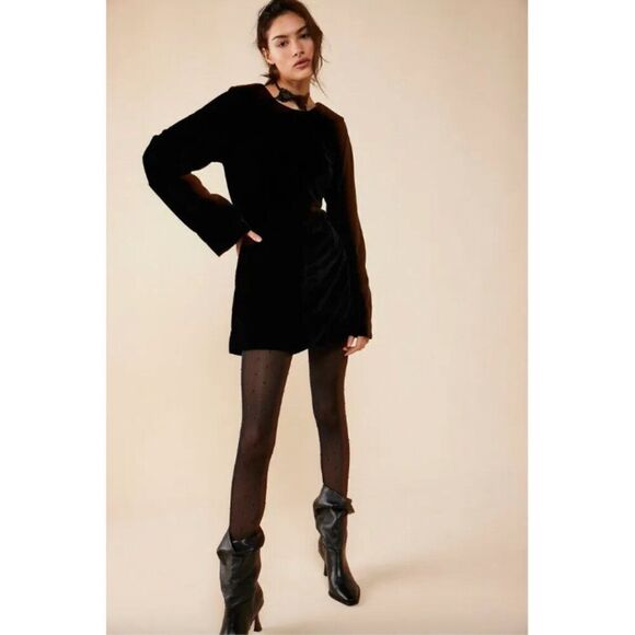 Free People black velvet open low back Chelsea long sleeve narrow mini dress - Picture 2 of 7